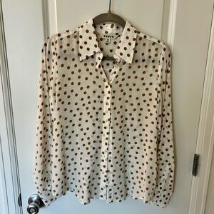 Boden NWOT Sienna Silk Shirt in Ecru with Camel Polka Dots